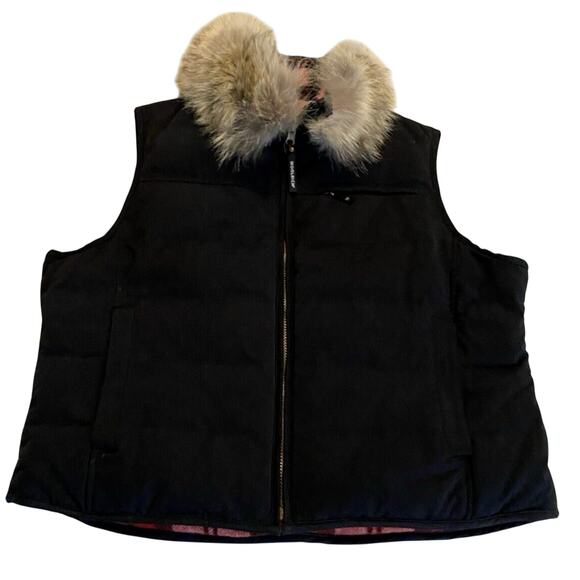 Woolrich Reversible Vest Black-RedPlaid Womens Large Coyote Fur Collar Down Vest - Picture 1 of 16